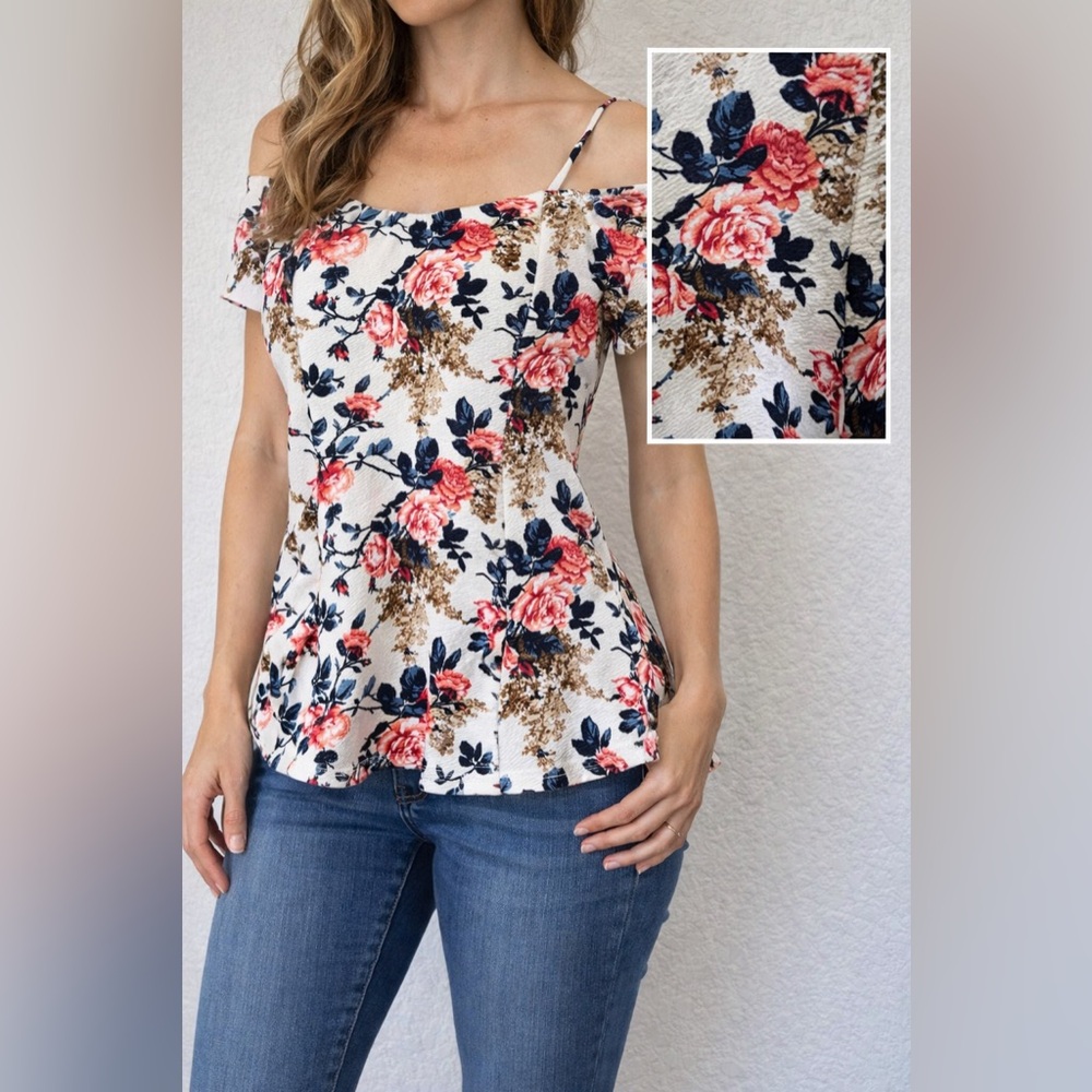 Floral Off Shoulder Peplum Top Women’s Large Romantic Rose Print Boho Blouse